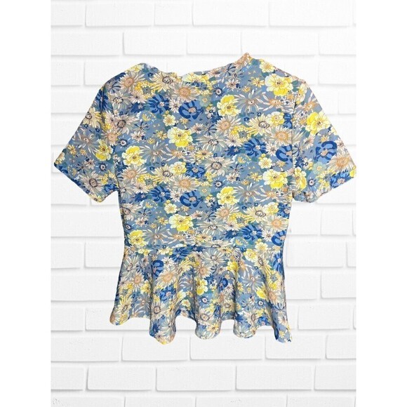 Shein Grey Yellow Floral‎ Print Round Neck Casual Peplum Top Womens Size medium - Picture 6 of 7